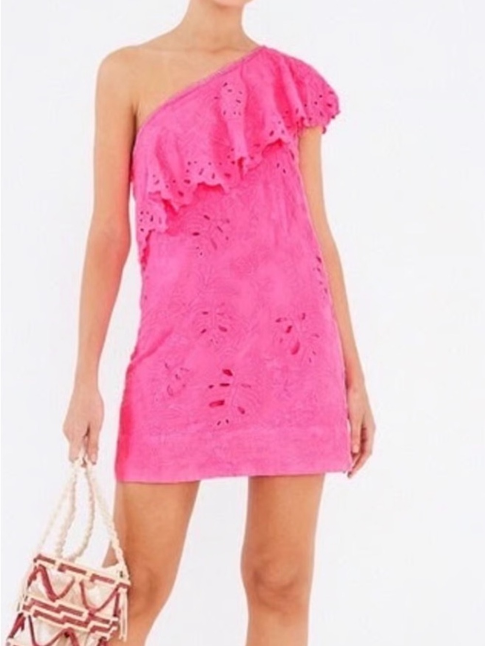 FARM Rio Hot Pink One-Shoulder Eyelet Mini Dress